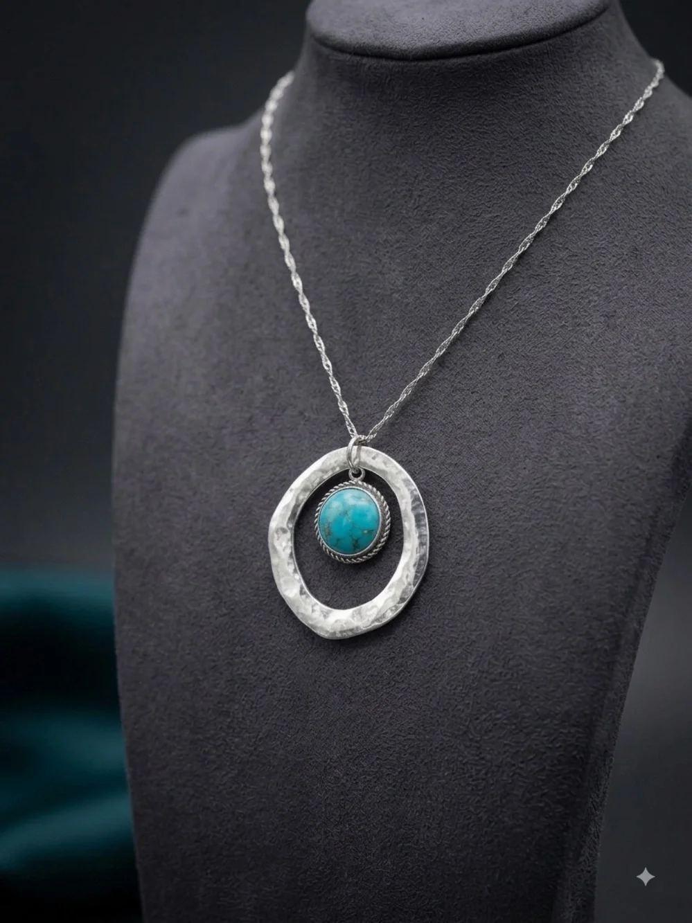 CC Boutique Silver Hammered Circle Necklace with Turquoise Stone